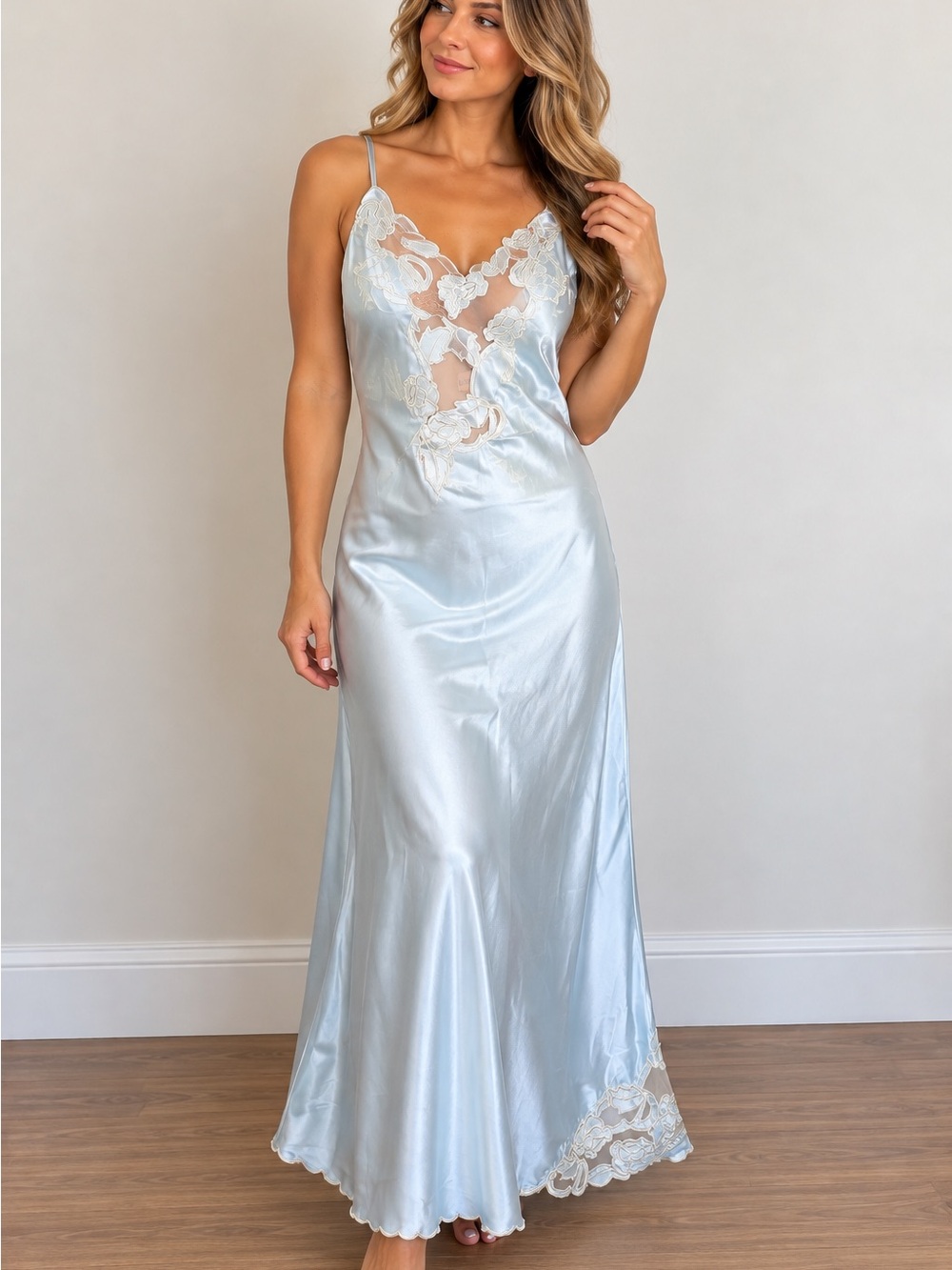 Vintage Y2K Temptations Blue Satin Floral Applique Maxi Nightgown P